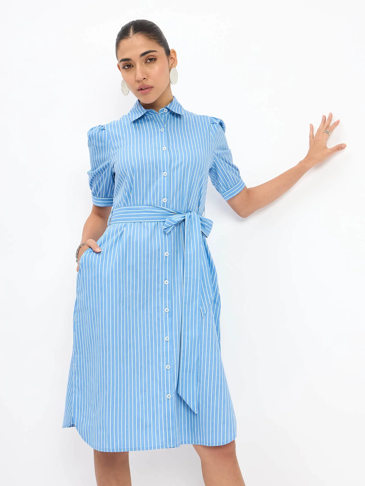 Bolt Puff Sleeve Shirt Dress - Blue Stripes sold by Salt Attire product image thumbnail 4