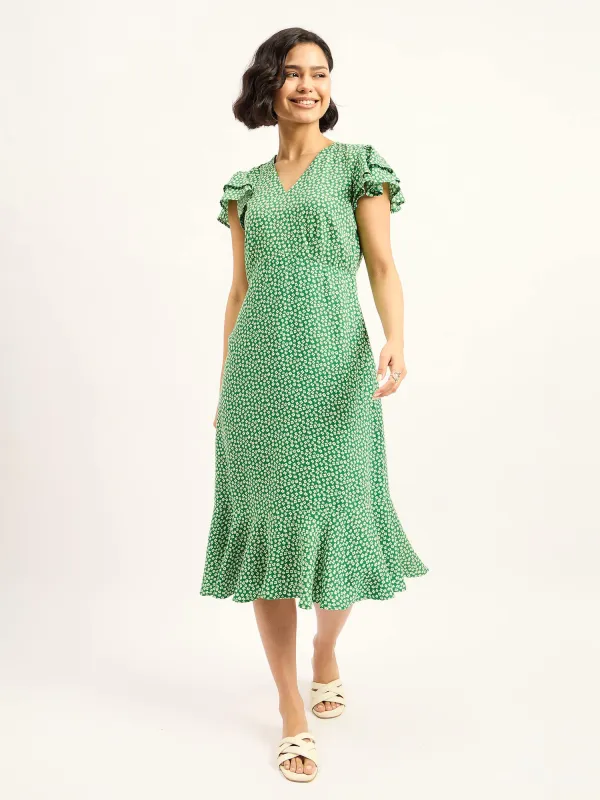 Botana Ruffled Sleeve Dress - Green & White sold by Salt Attire