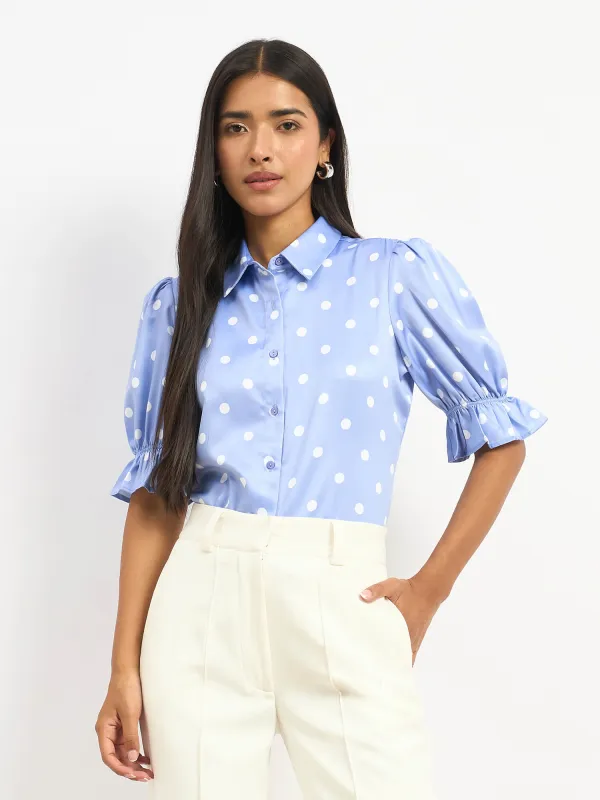 Pocky Ruffled Sleeve Shirt - Blue & White sold by Salt Attire