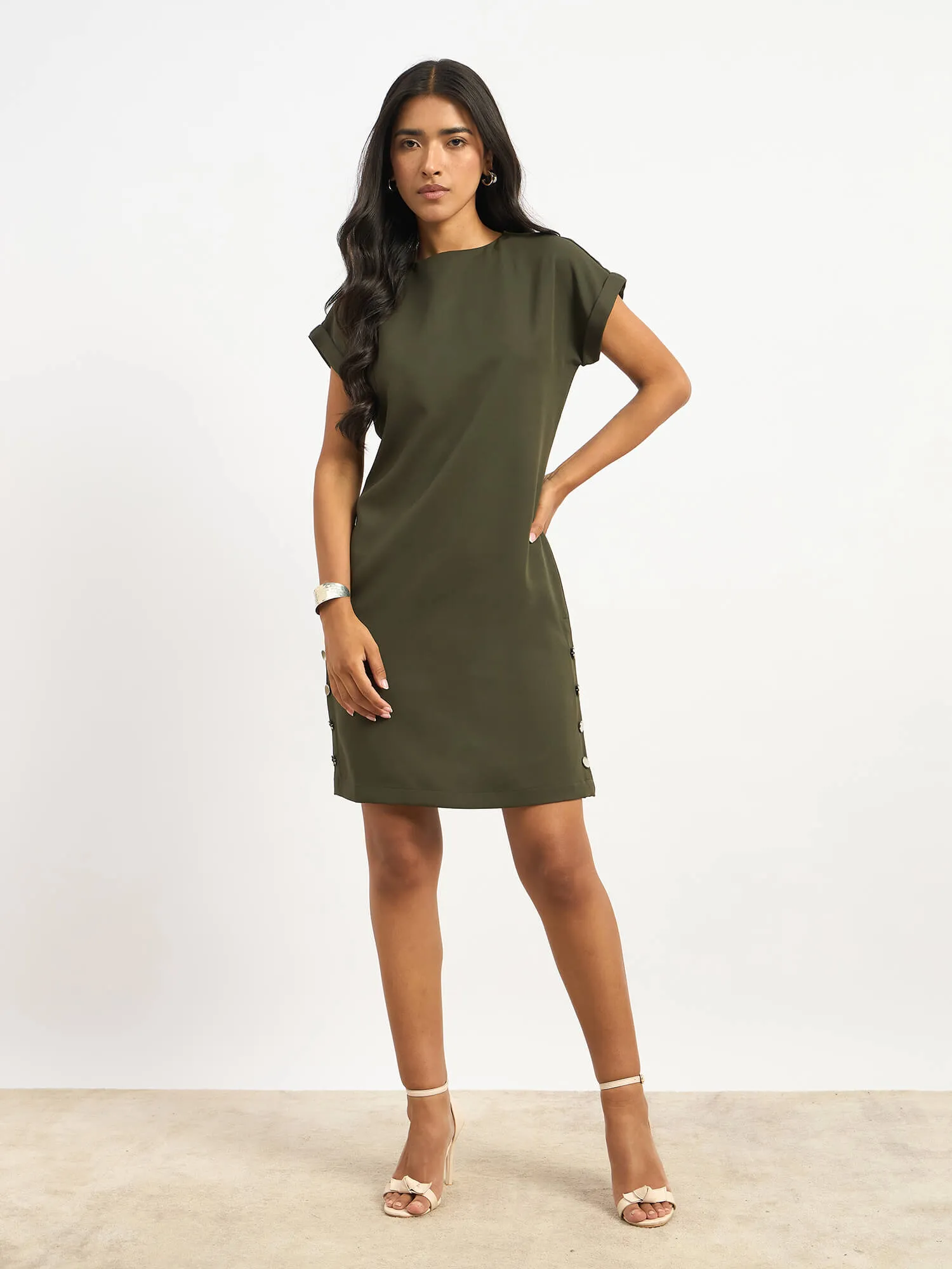 Elwood Side Button Shift Dress - Olive Green sold by Salt Attire product image thumbnail 5