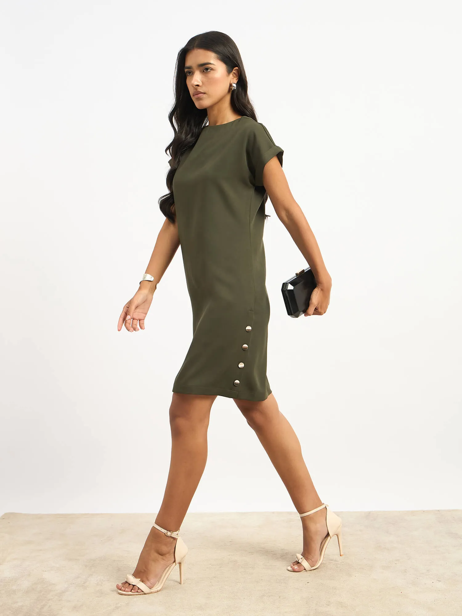 Elwood Side Button Shift Dress - Olive Green sold by Salt Attire product image thumbnail 4