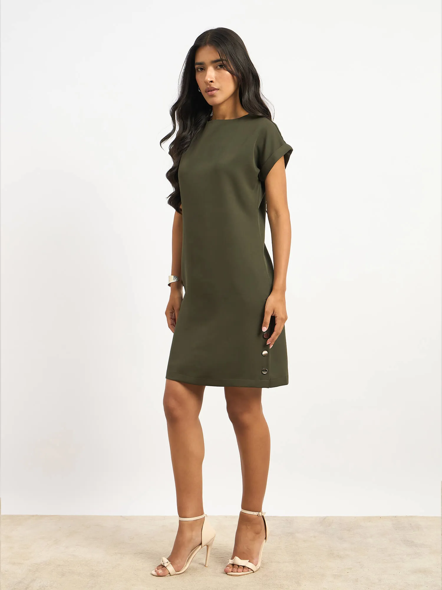 Elwood Side Button Shift Dress - Olive Green sold by Salt Attire product image thumbnail 2