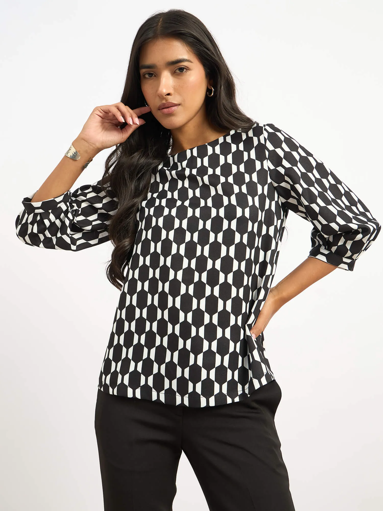 Apex Boat Neck Print Top - Black & White sold by Salt Attire