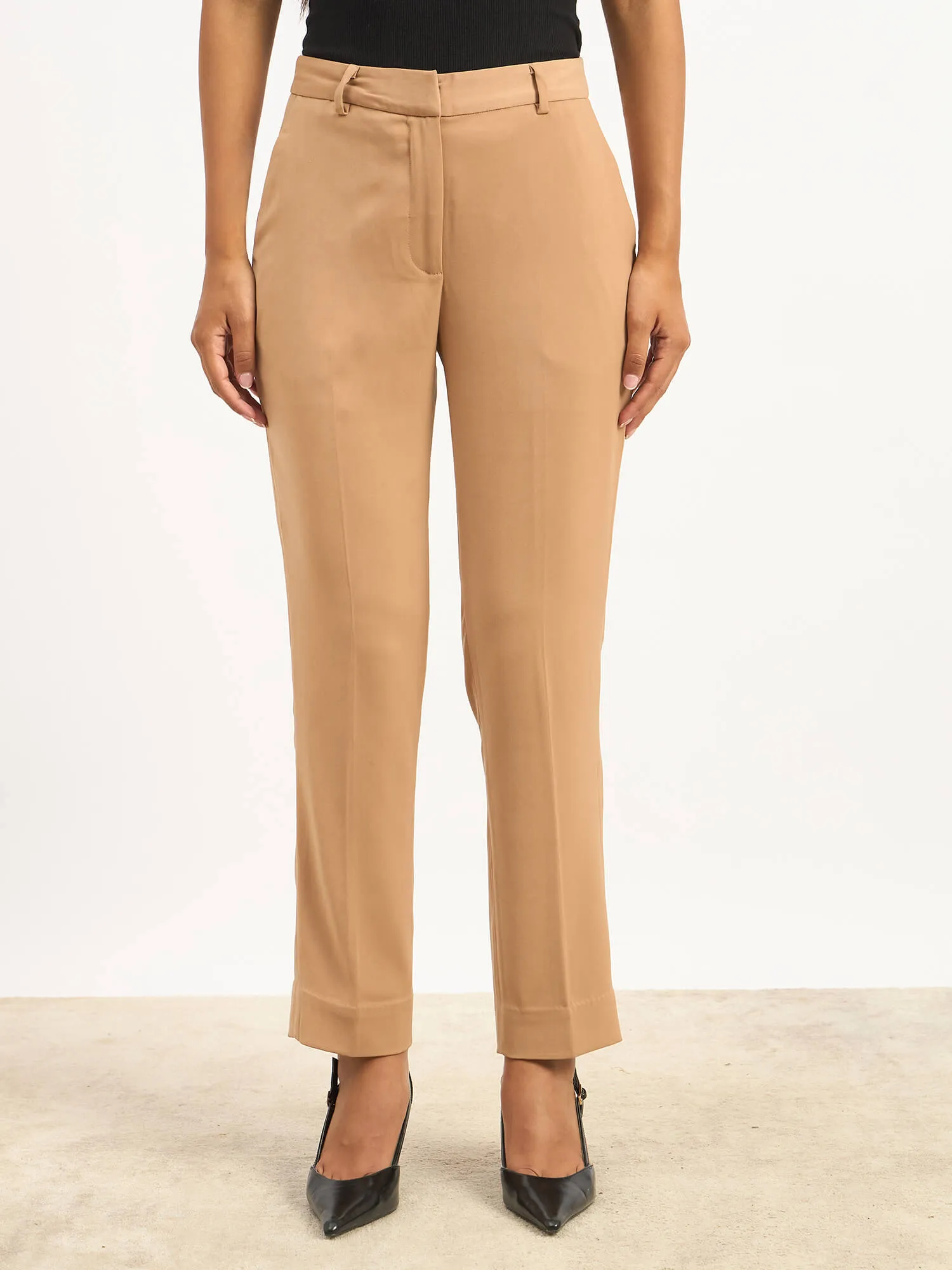 Ensait Mid Rise Slim Pants - Tan Brown sold by Salt Attire