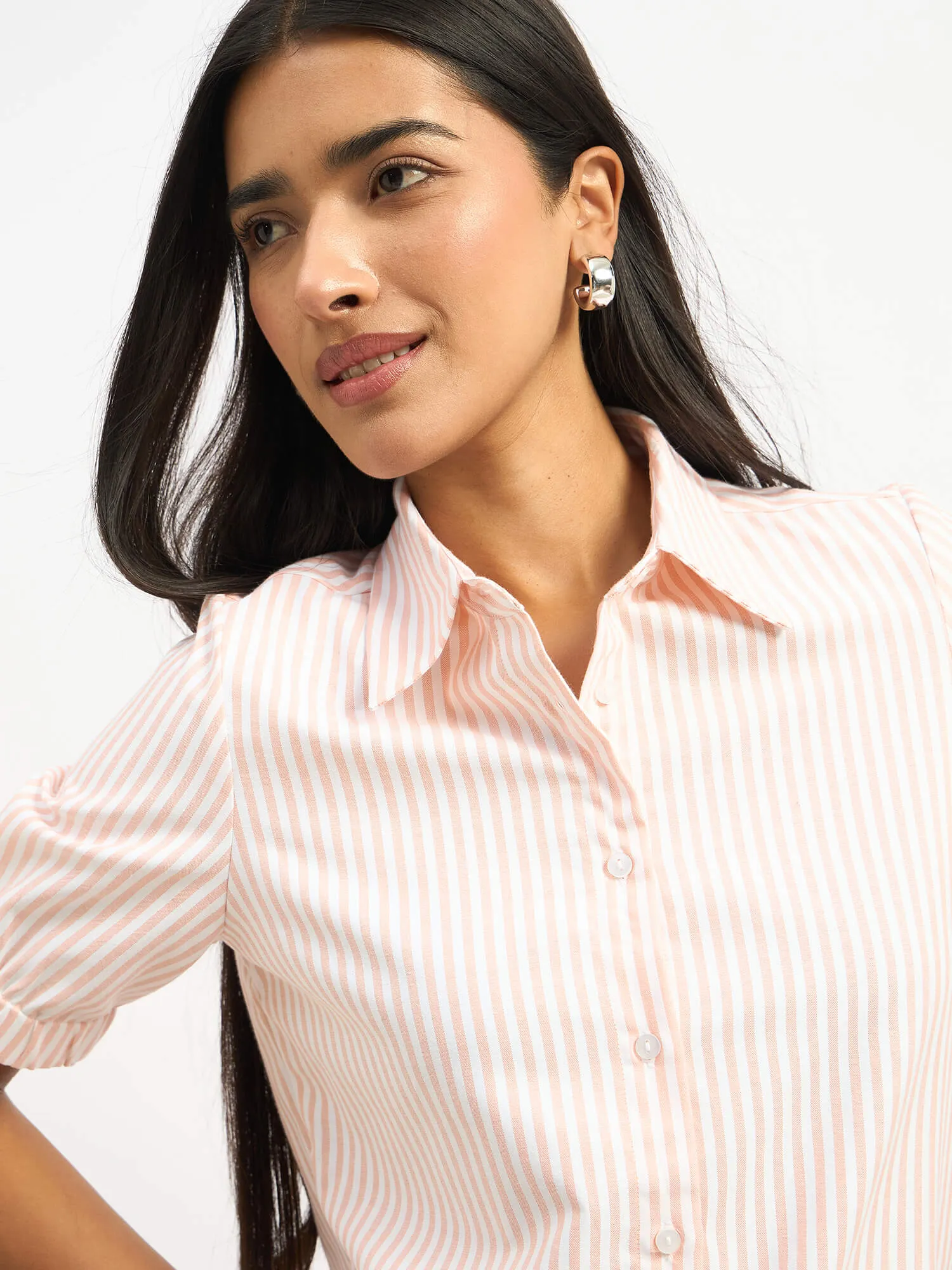 Sabine Short Elasticated Sleeve Shirt - Peach Stripe sold by Salt Attire product image thumbnail 3