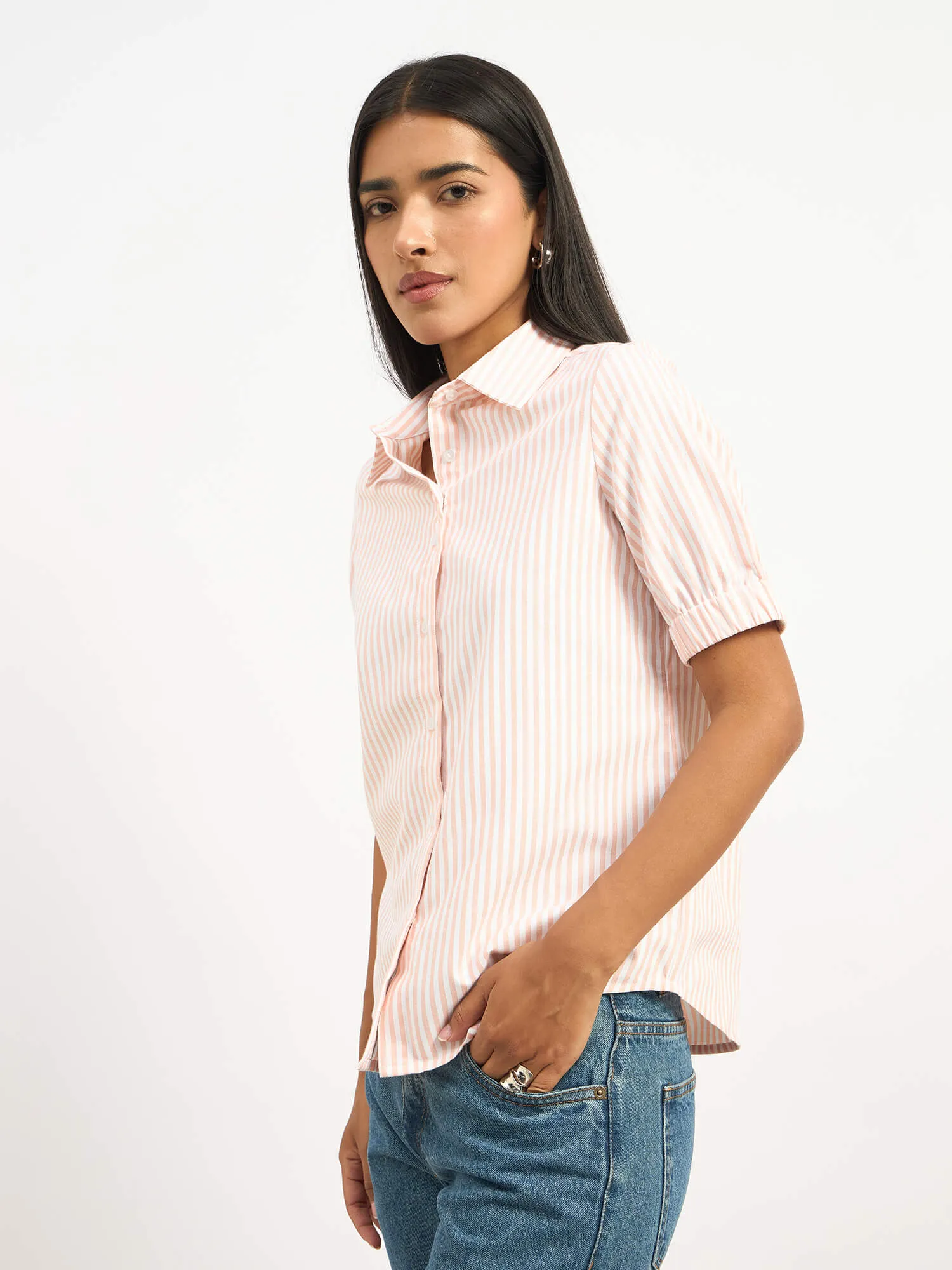 Sabine Short Elasticated Sleeve Shirt - Peach Stripe sold by Salt Attire product image thumbnail 5