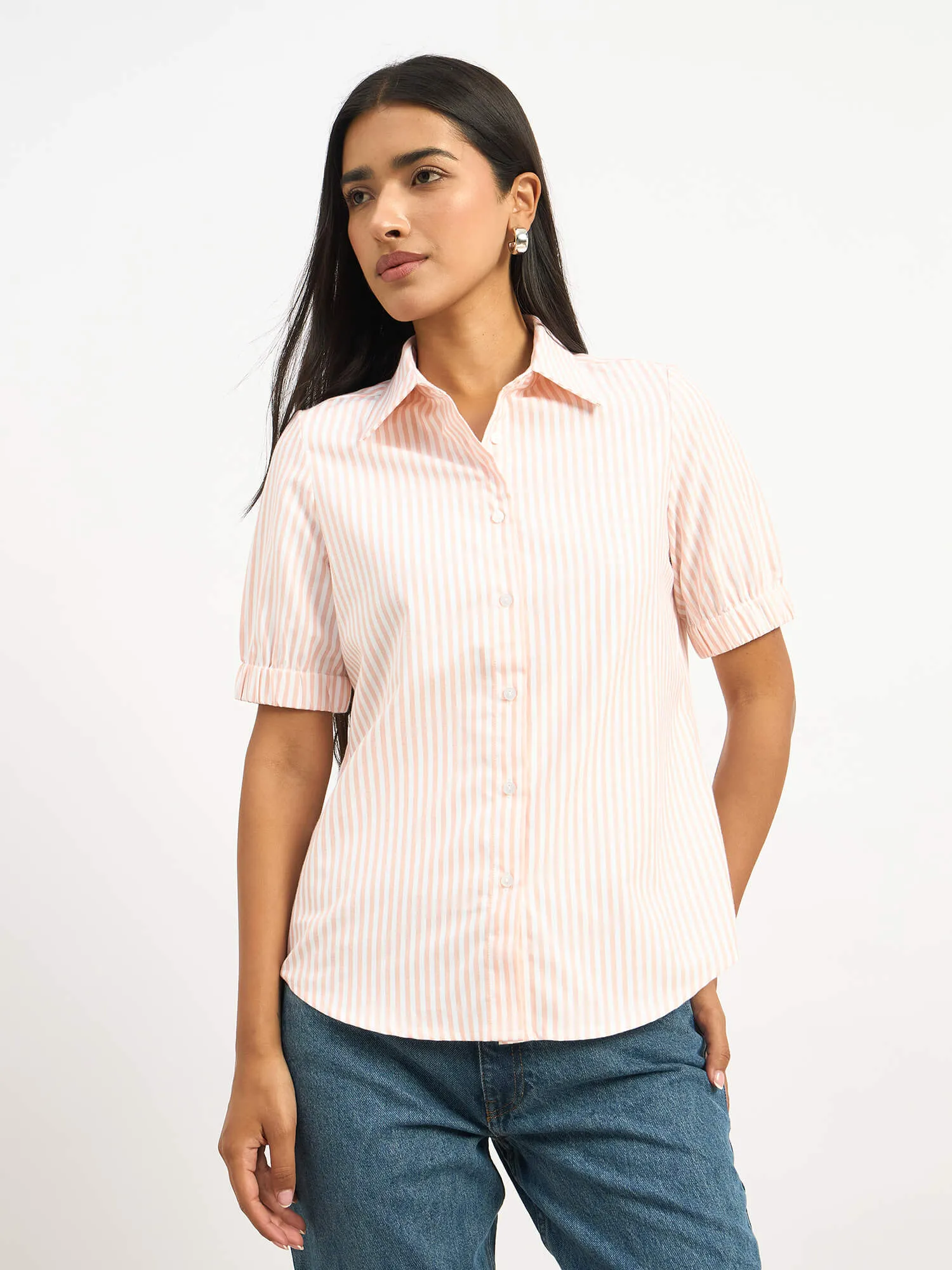 Sabine Short Elasticated Sleeve Shirt - Peach Stripe sold by Salt Attire product image thumbnail 4