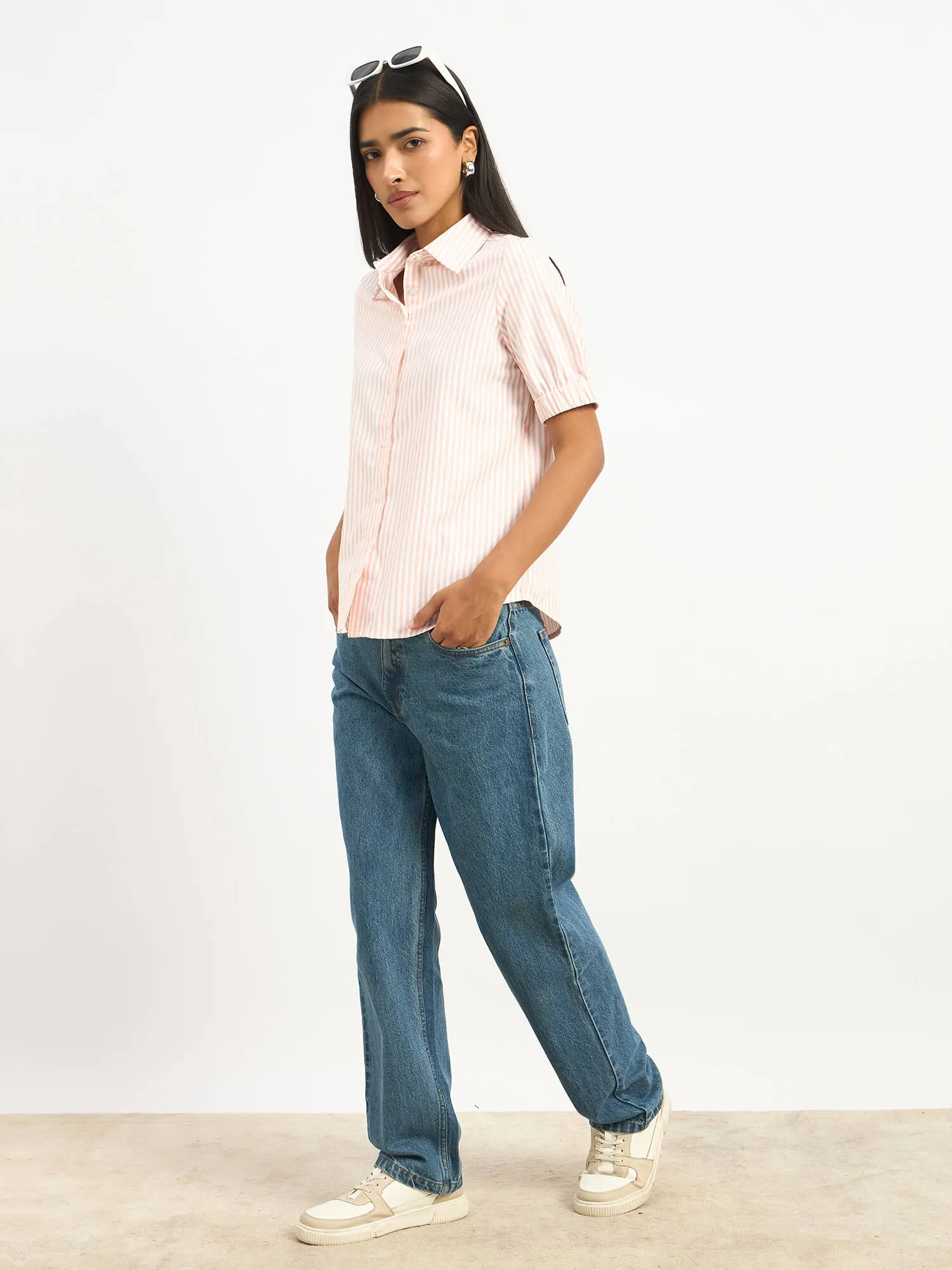 Sabine Short Elasticated Sleeve Shirt - Peach Stripe sold by Salt Attire product image thumbnail 2