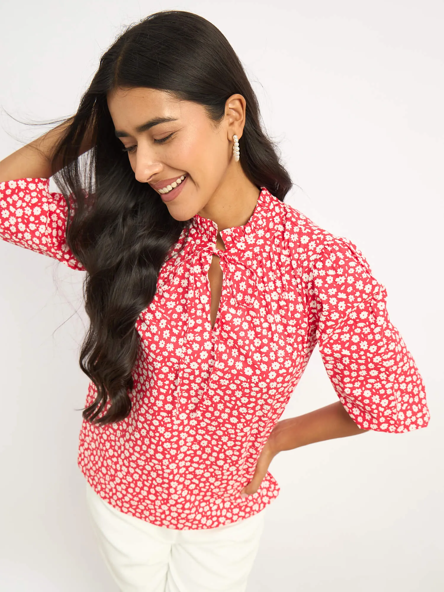 Zebi Tie-up Ruffled Neck Top - Red Daisy sold by Salt Attire product image thumbnail 5