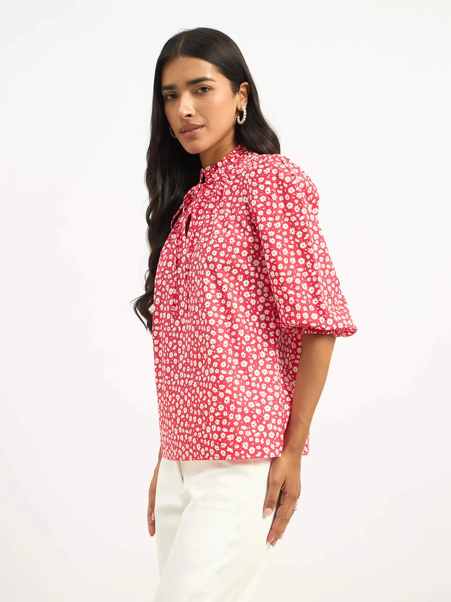 Zebi Tie-up Ruffled Neck Top - Red Daisy sold by Salt Attire product image thumbnail 4