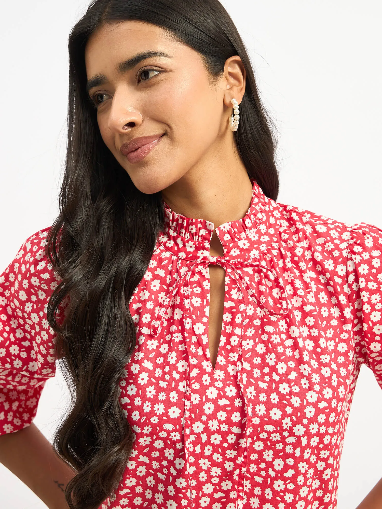 Zebi Tie-up Ruffled Neck Top - Red Daisy sold by Salt Attire product image thumbnail 3