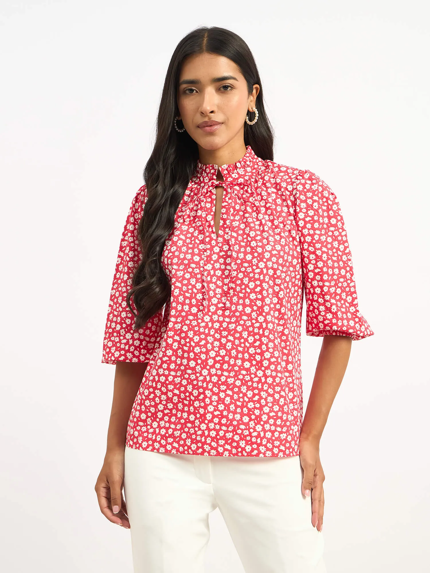 Zebi Tie-up Ruffled Neck Top - Red Daisy sold by Salt Attire