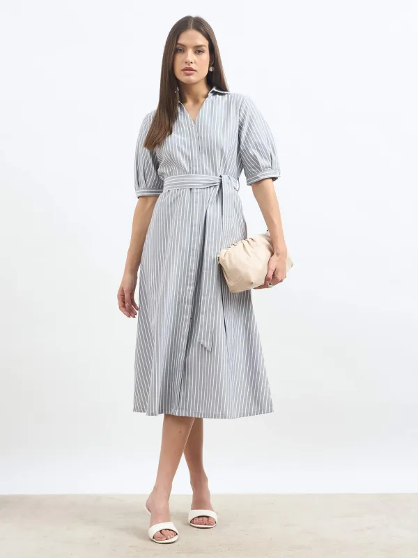 Sommer Stripes Belted Shirt Dress - Grey Stripes sold by Salt Attire
