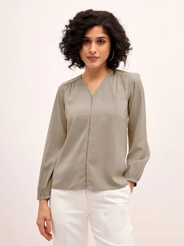 Appletini Gathered Yoke Top - Light Beige sold by Salt Attire