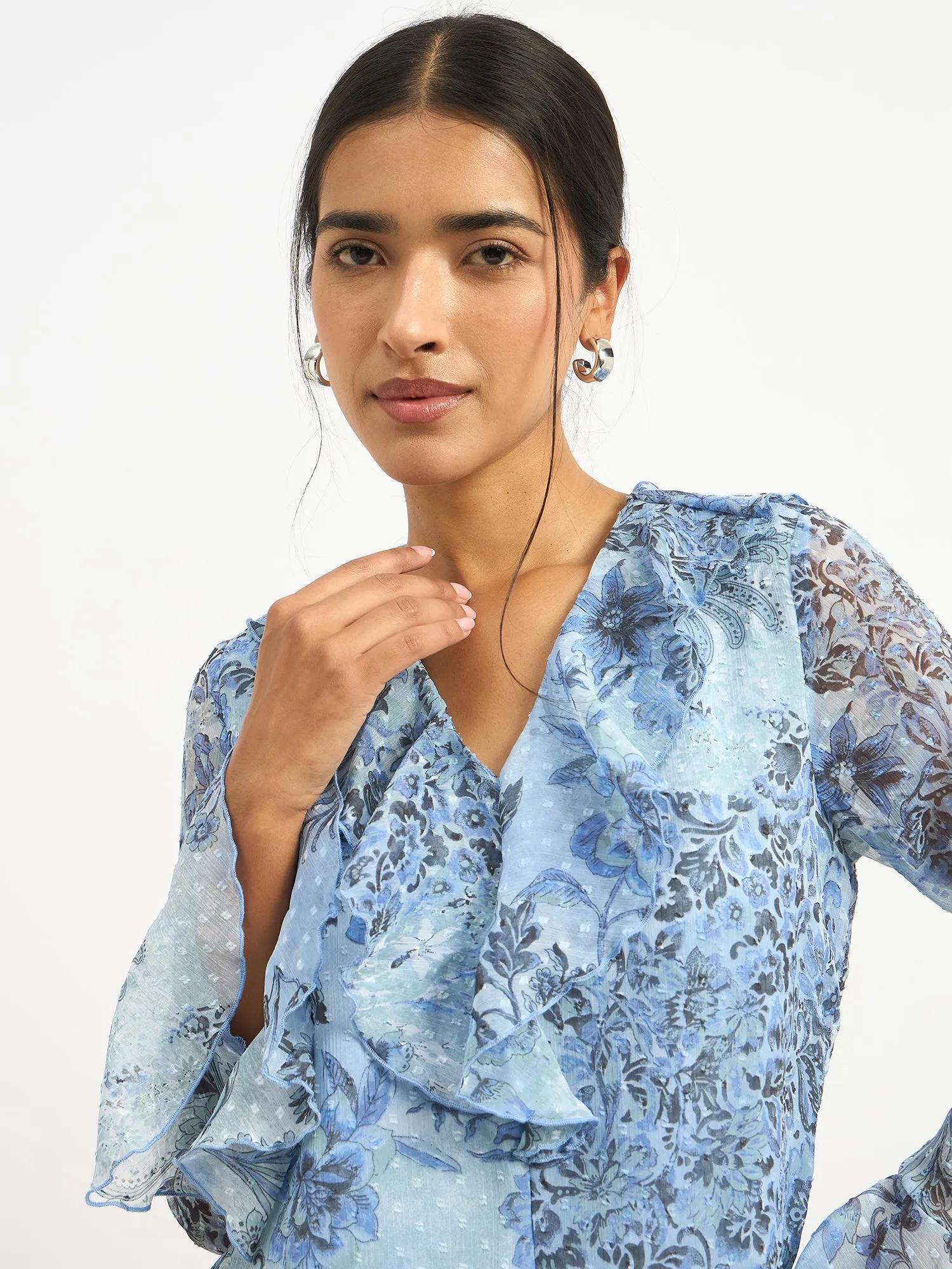 Liora V-Neck Ruffle Top-Blue sold by Salt Attire