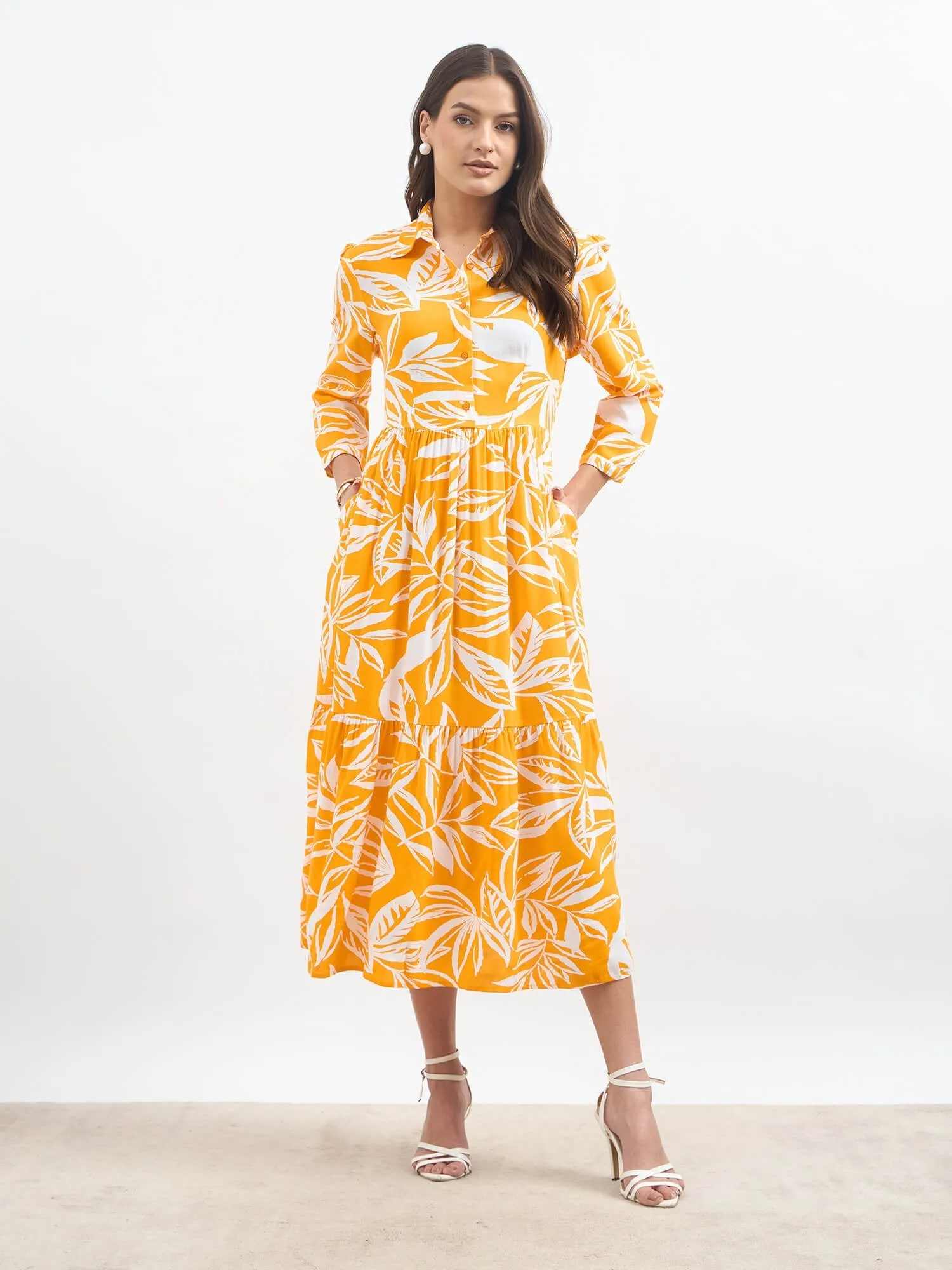 Monae Tiered Shirt Dress-Orange & White sold by Salt Attire