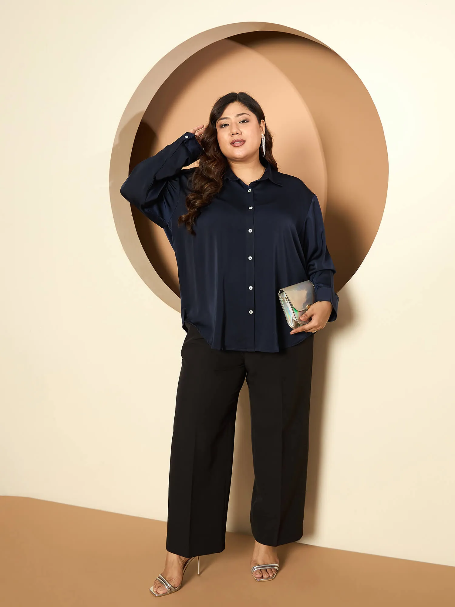 LB-Nicola Satin Button Down Shirt-Navy sold by Salt Attire