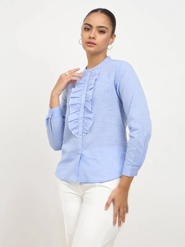 Pacific Ruffle Detail Shirt-Blue sold by Salt Attire