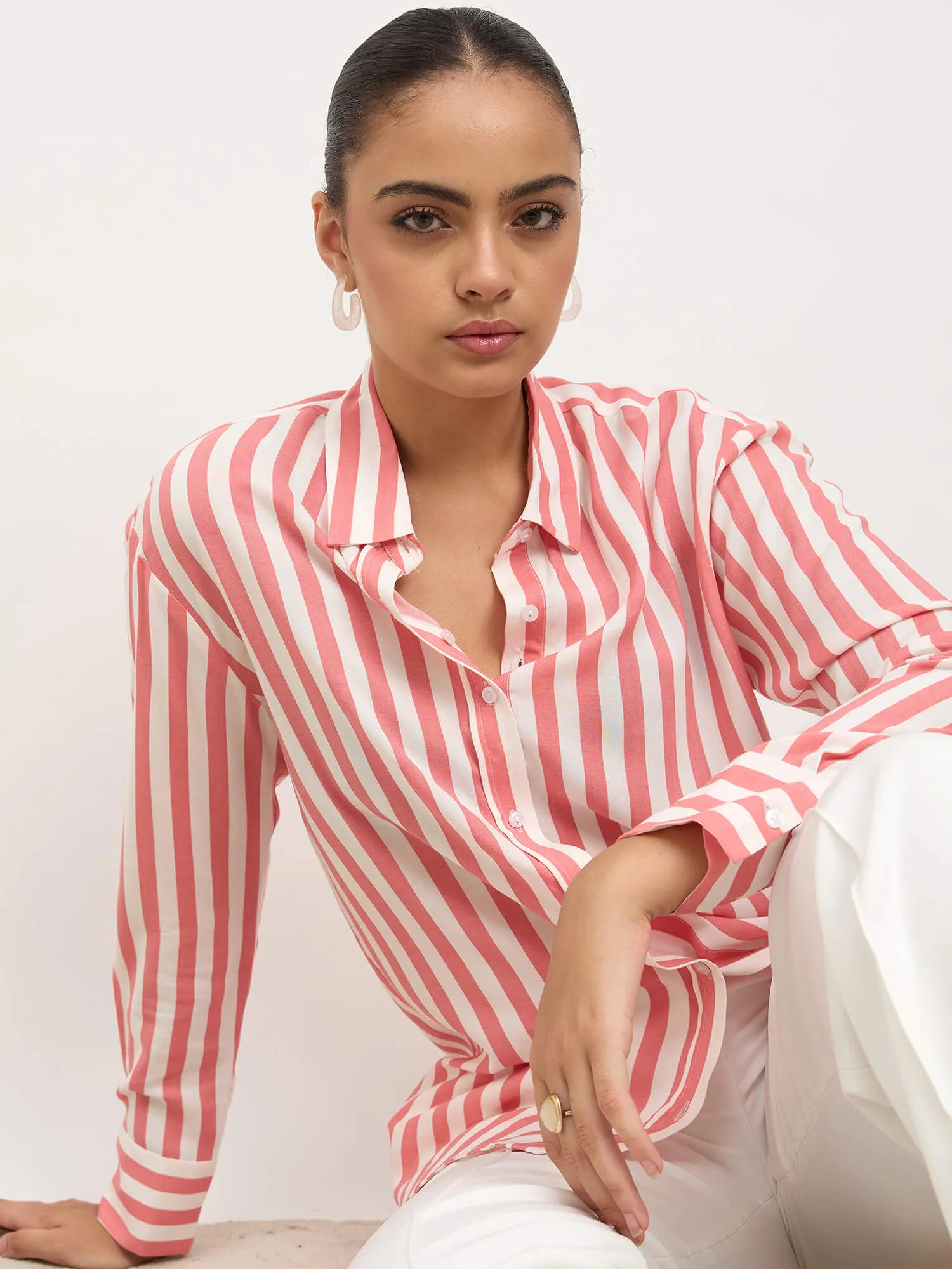 Fiora Oversized Shirt-Pink & White sold by Salt Attire