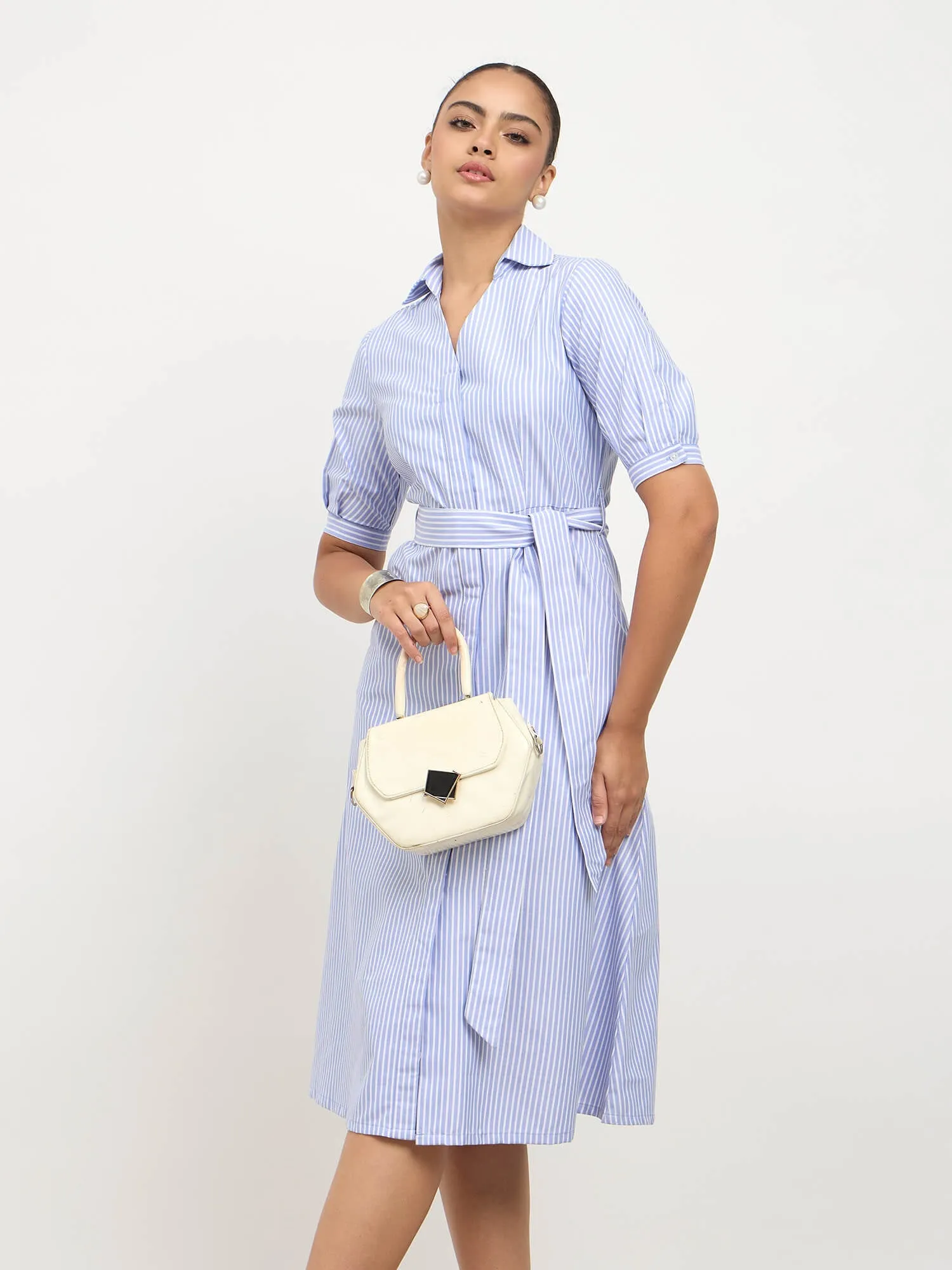 Sommer Belted Shirt Dress-Light Blue & White sold by Salt Attire product image thumbnail 5