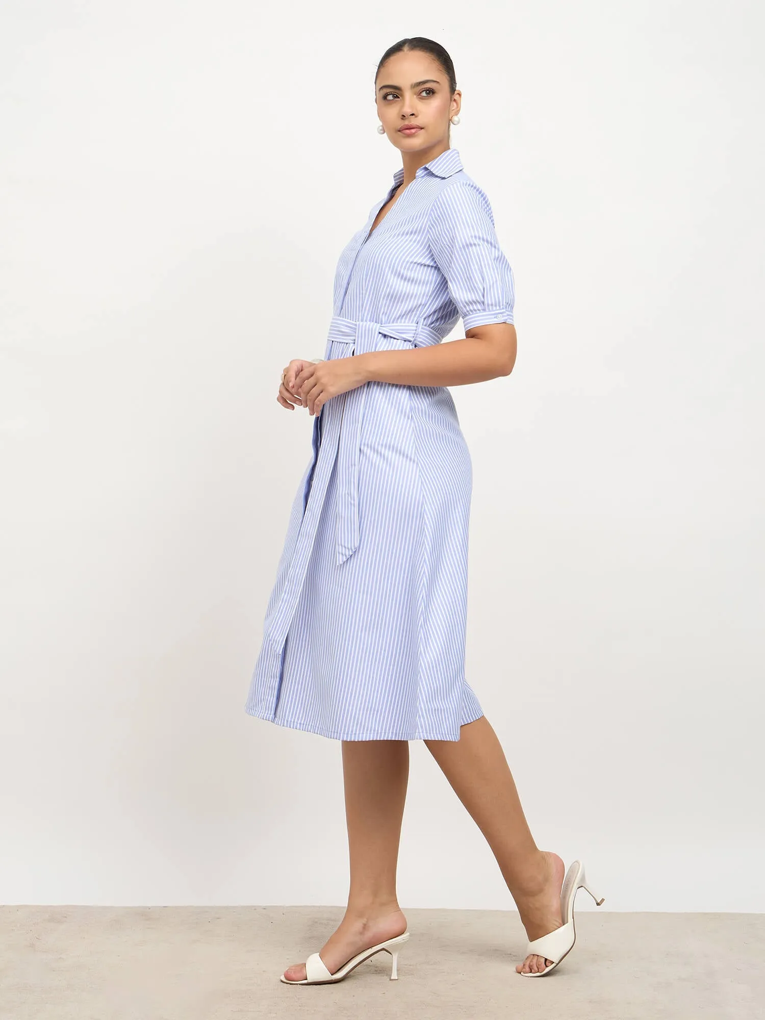 Sommer Belted Shirt Dress-Light Blue & White sold by Salt Attire product image thumbnail 4