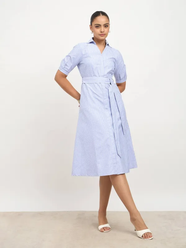 Sommer Belted Shirt Dress-Light Blue & White sold by Salt Attire