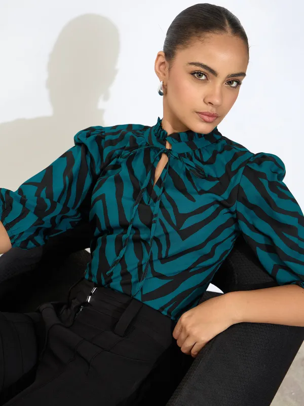 Zebi Tie-up Ruffled Neck Top-Green & Black sold by Salt Attire