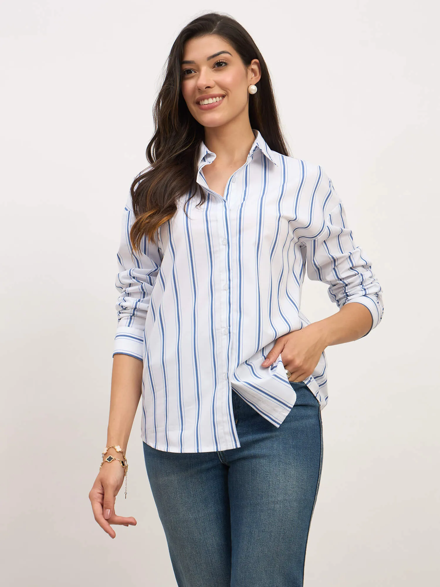 Solace Oversize Drop Shoulder Shirt-White & Navy sold by Salt Attire