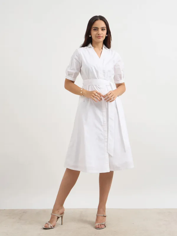 Madlin Shirt Belted Dress-White sold by Salt Attire