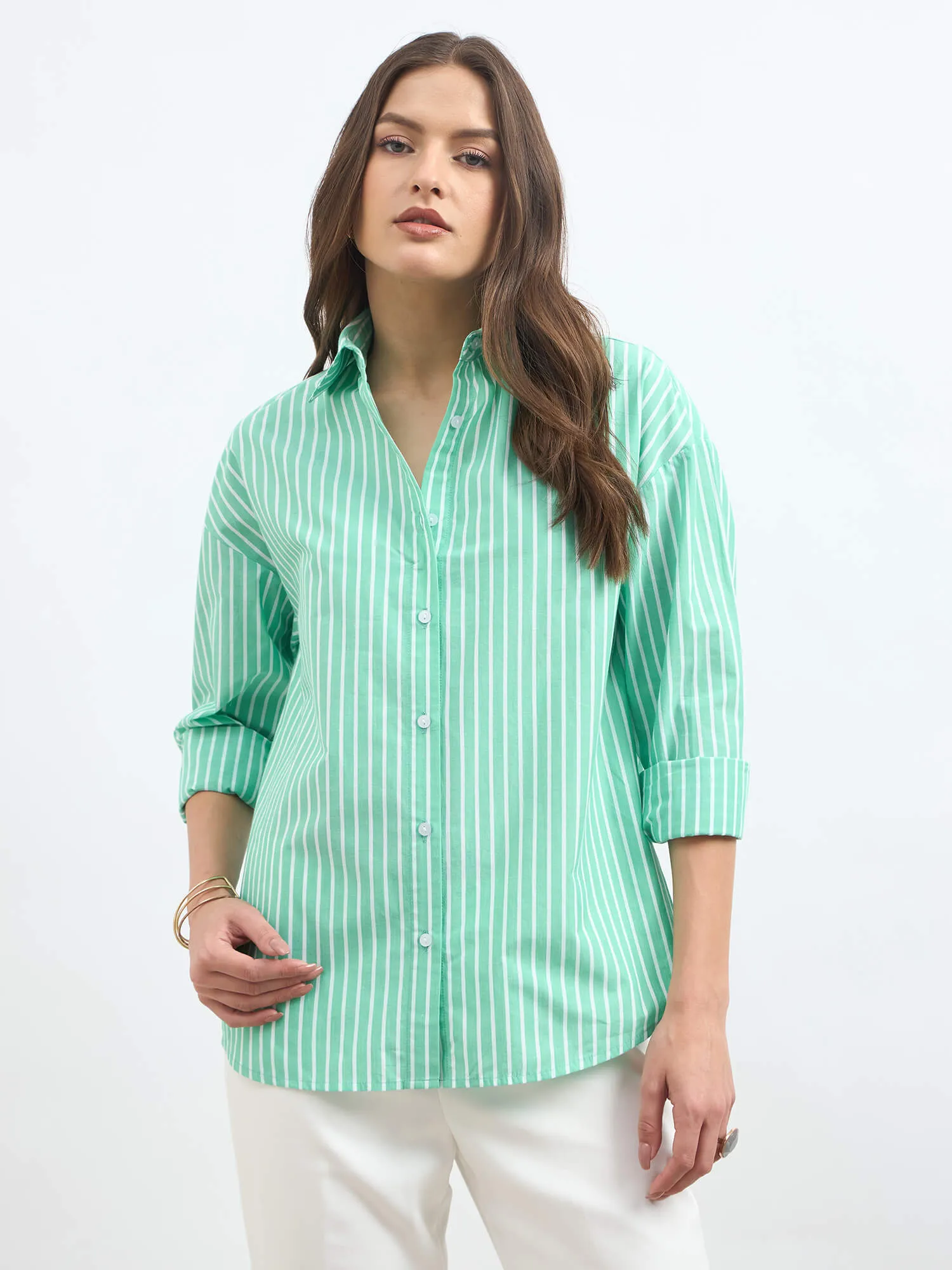 Solace Oversize Drop Shoulder Shirt-Green & White sold by Salt Attire product image thumbnail 2