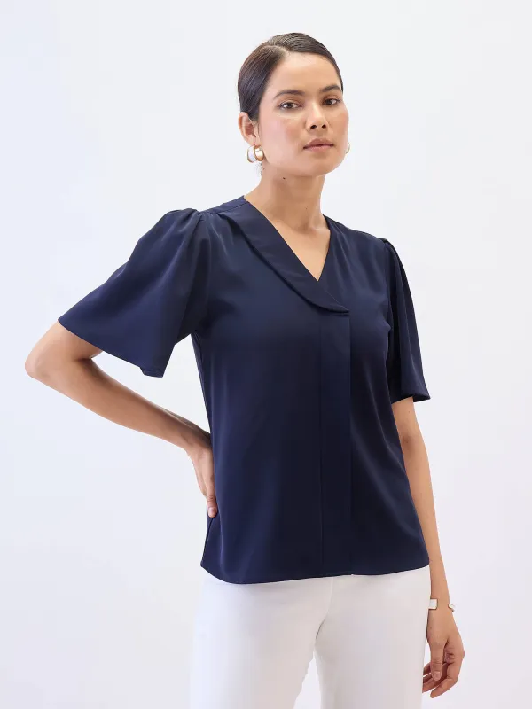 Cobble Asymmetric Collar Top-Navy sold by Salt Attire