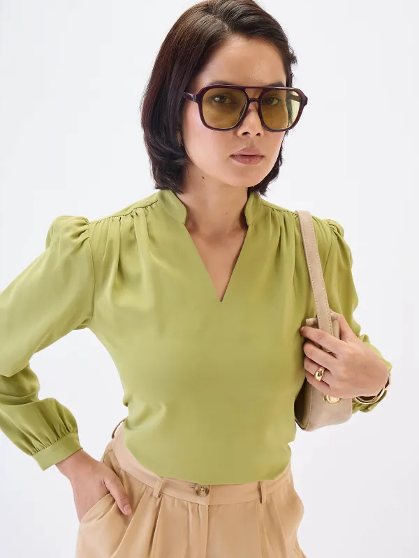 Astral Collared V-Neck Top-Lime Green sold by Salt Attire