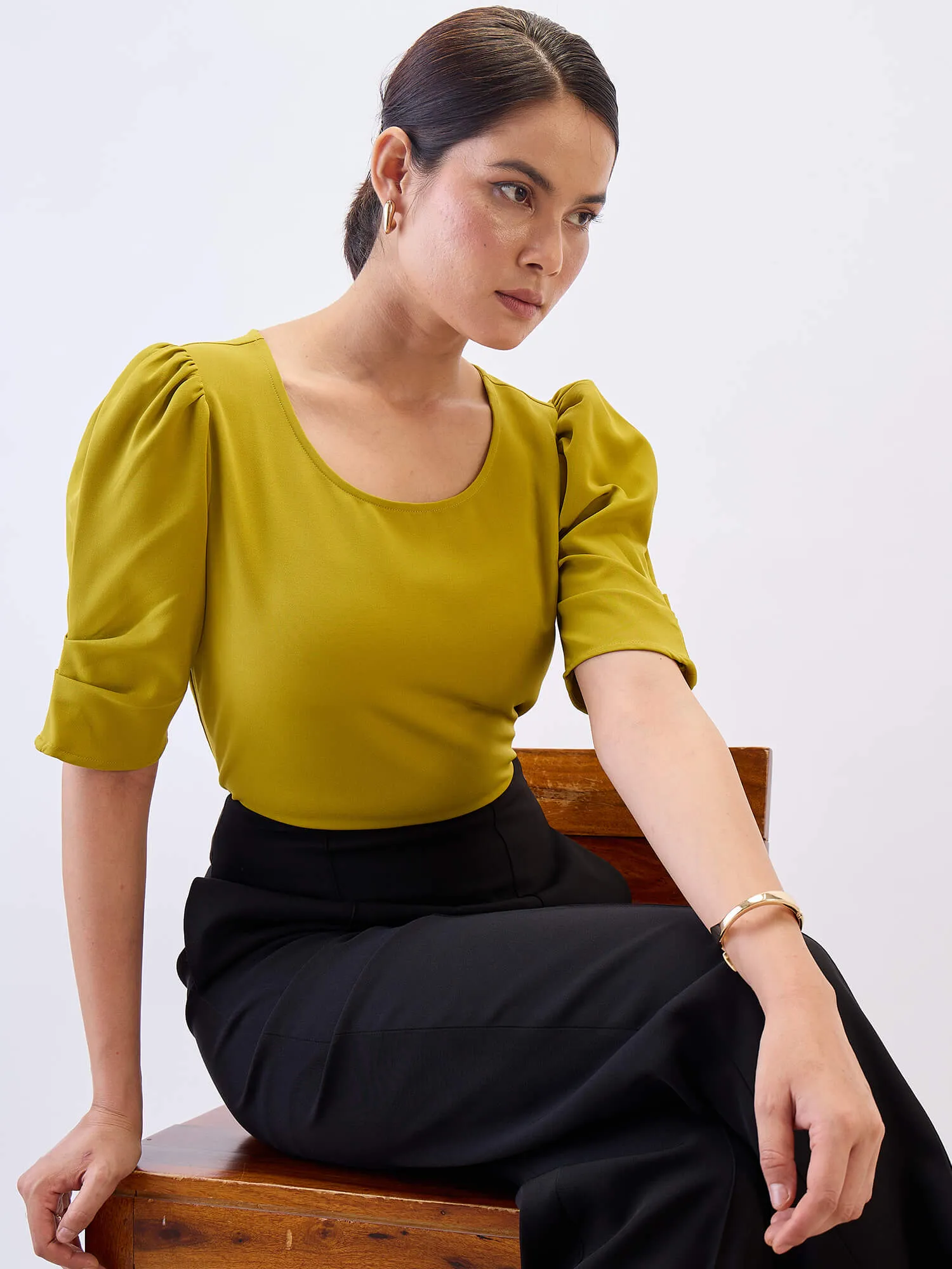 Jaunty Puffed Sleeves Top-Lime Punch sold by Salt Attire