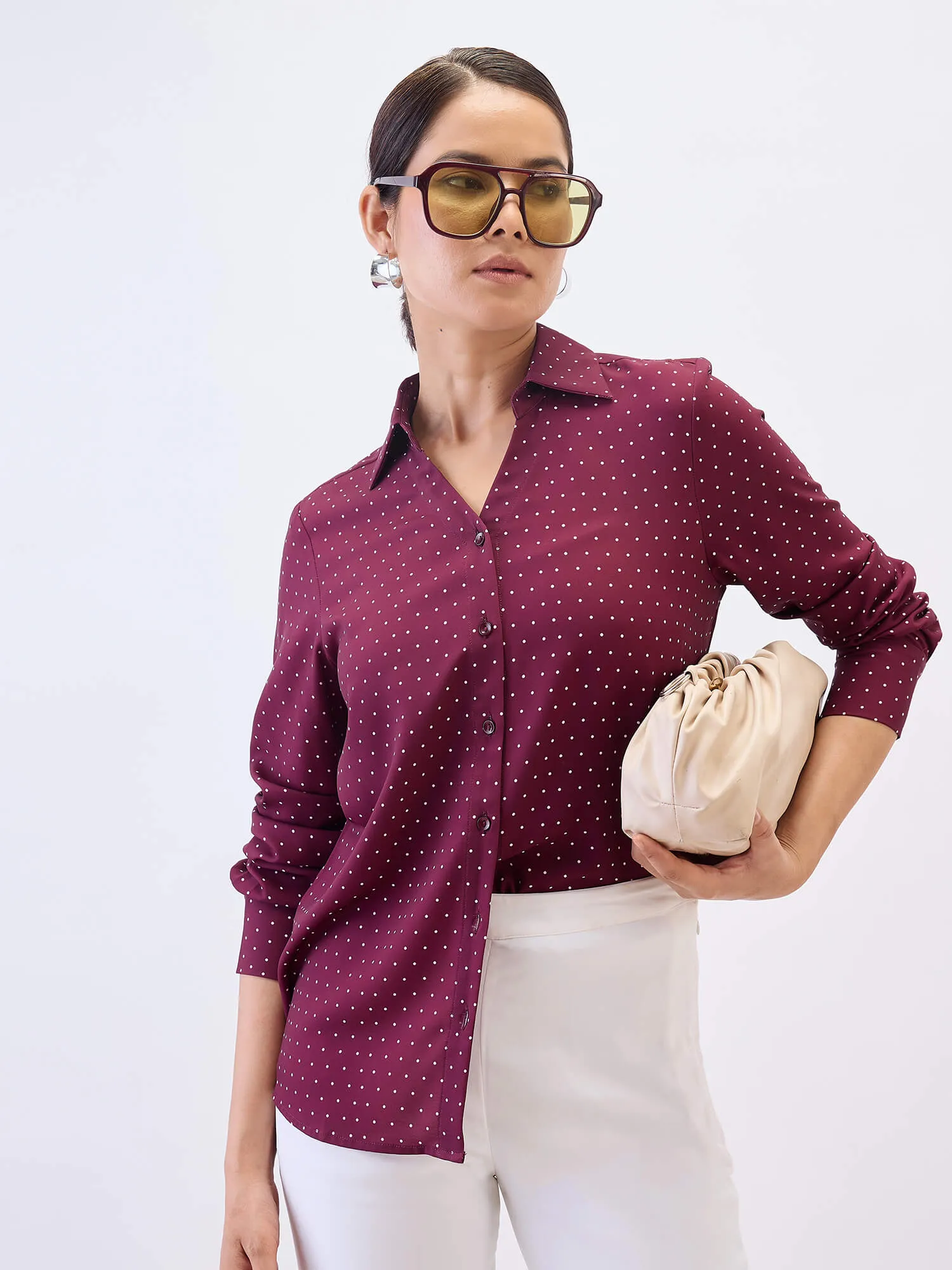 Cheryl Collared V-neck Shirt-Wine sold by Salt Attire