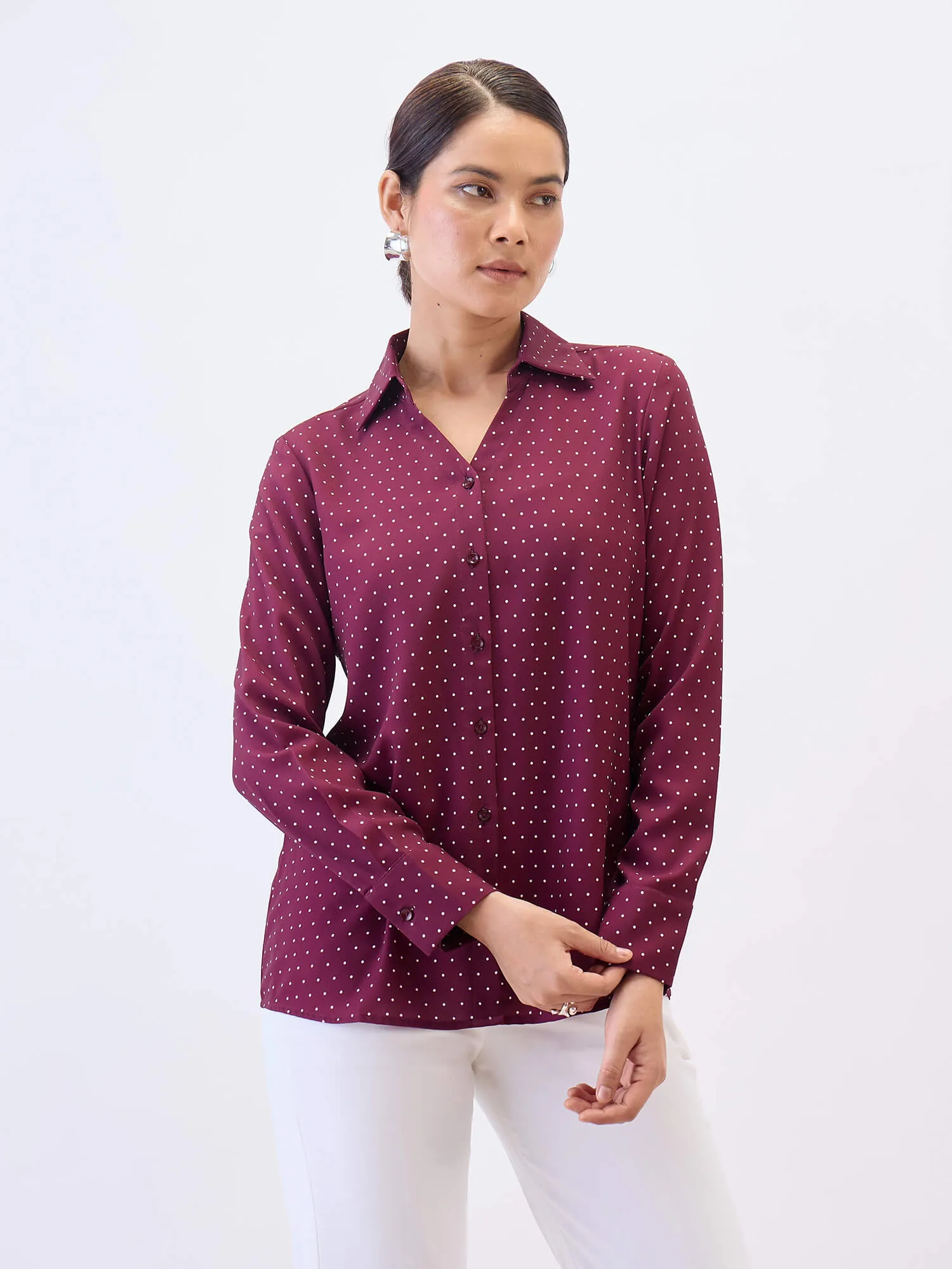 Cheryl Collared V-neck Shirt-Wine sold by Salt Attire product image thumbnail 5