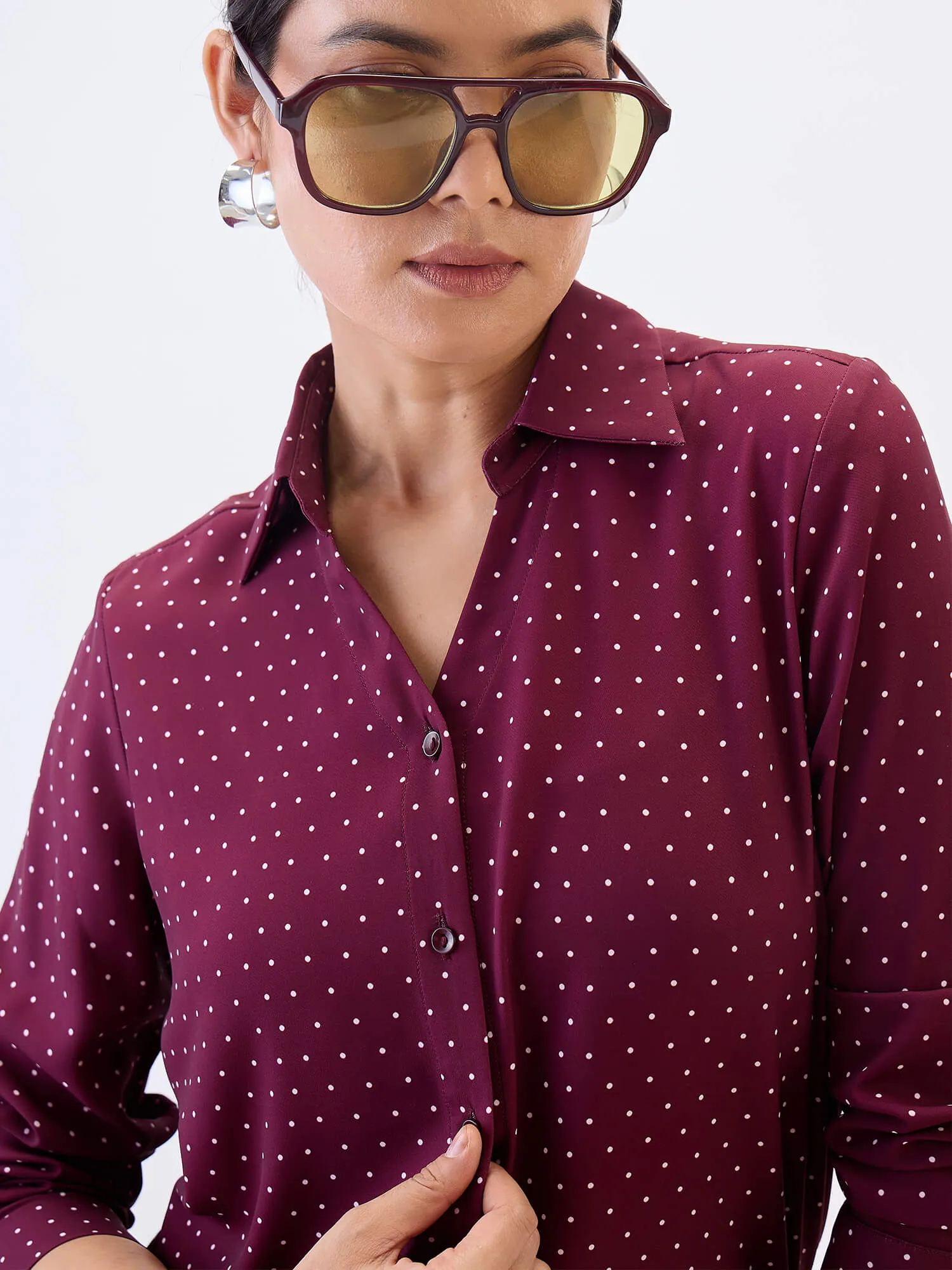 Cheryl Collared V-neck Shirt-Wine sold by Salt Attire product image thumbnail 3