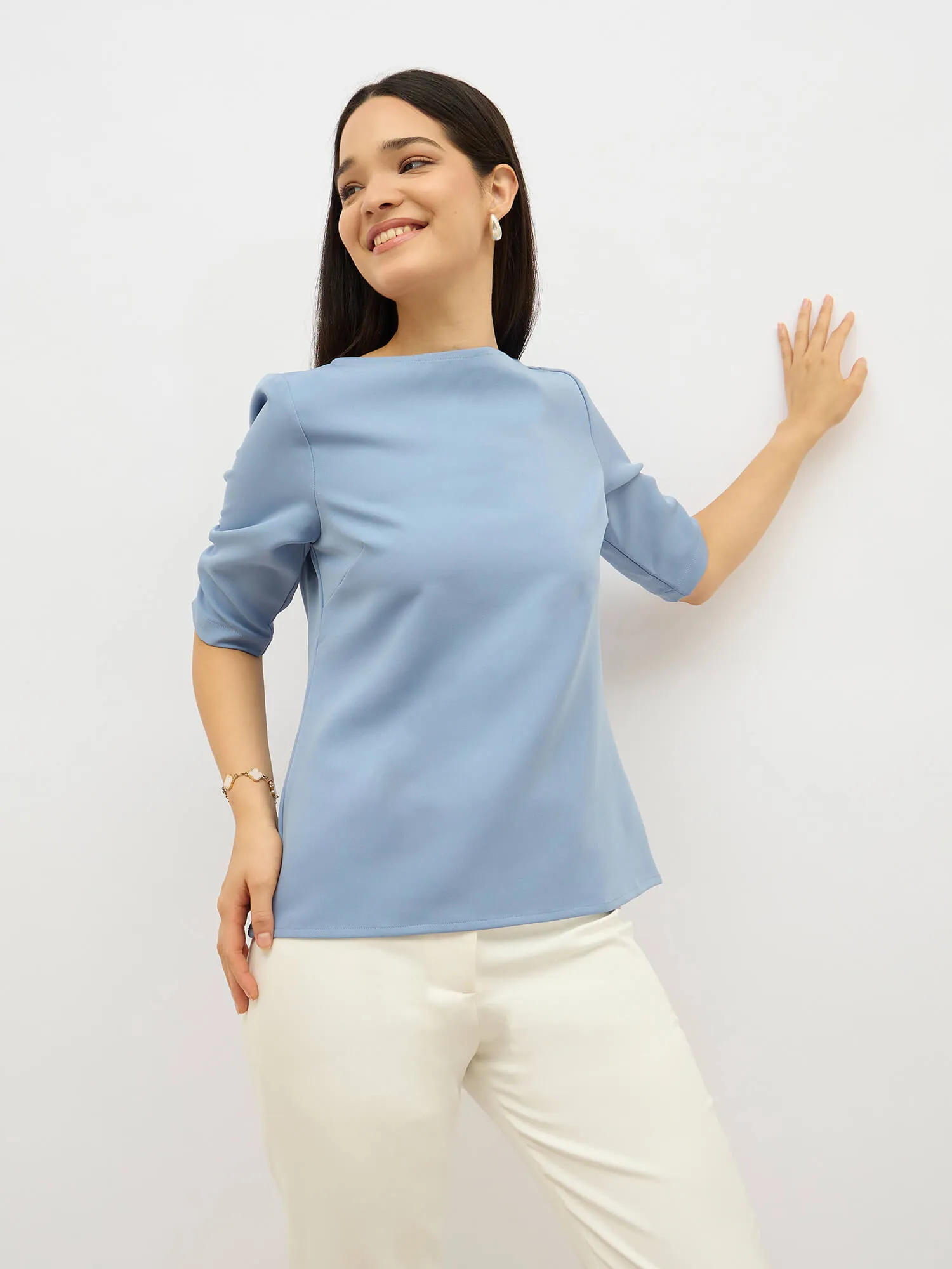 Mellow Ruched Sleeve Top-Dusty Blue sold by Salt Attire
