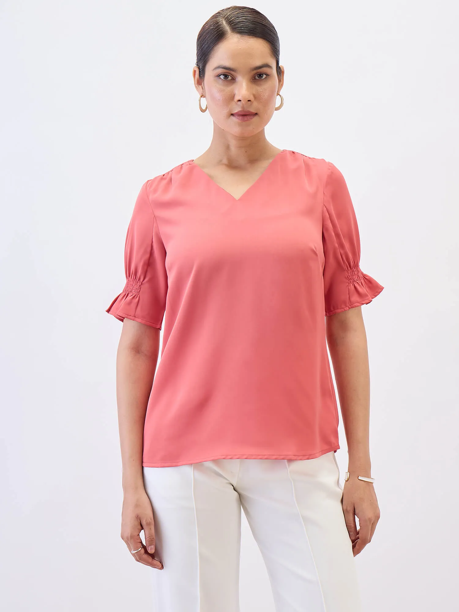 Peachin Mimosa Smocked Sleeves Top-Coral sold by Salt Attire product image thumbnail 4