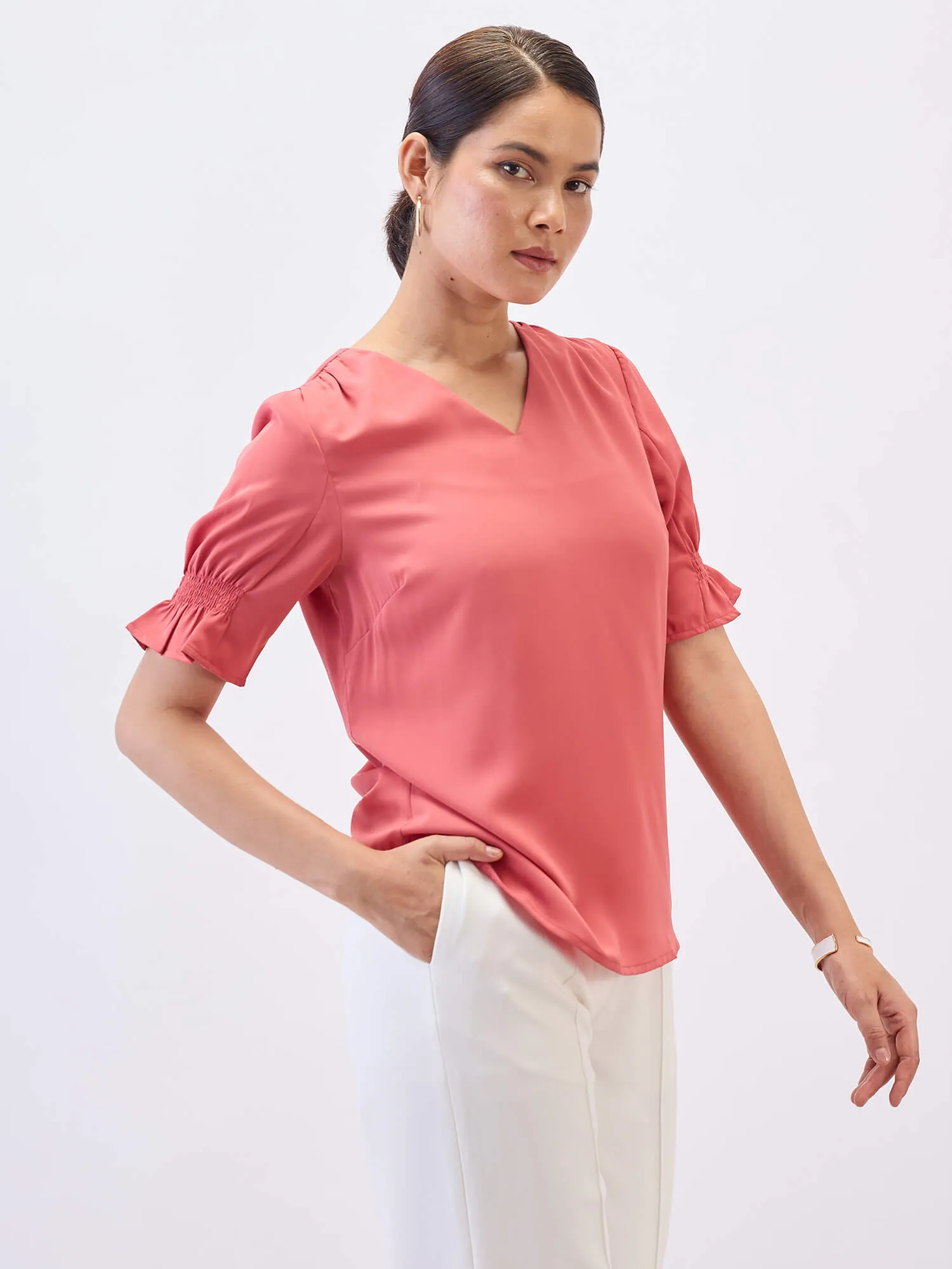 Peachin Mimosa Smocked Sleeves Top-Coral sold by Salt Attire