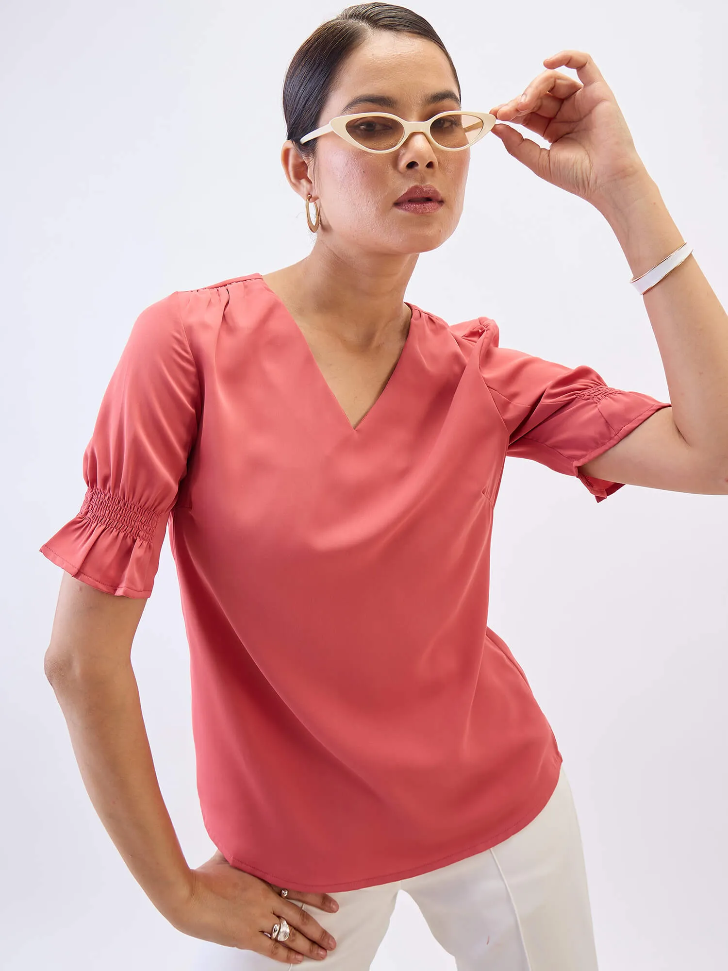 Peachin Mimosa Smocked Sleeves Top-Coral sold by Salt Attire product image thumbnail 5