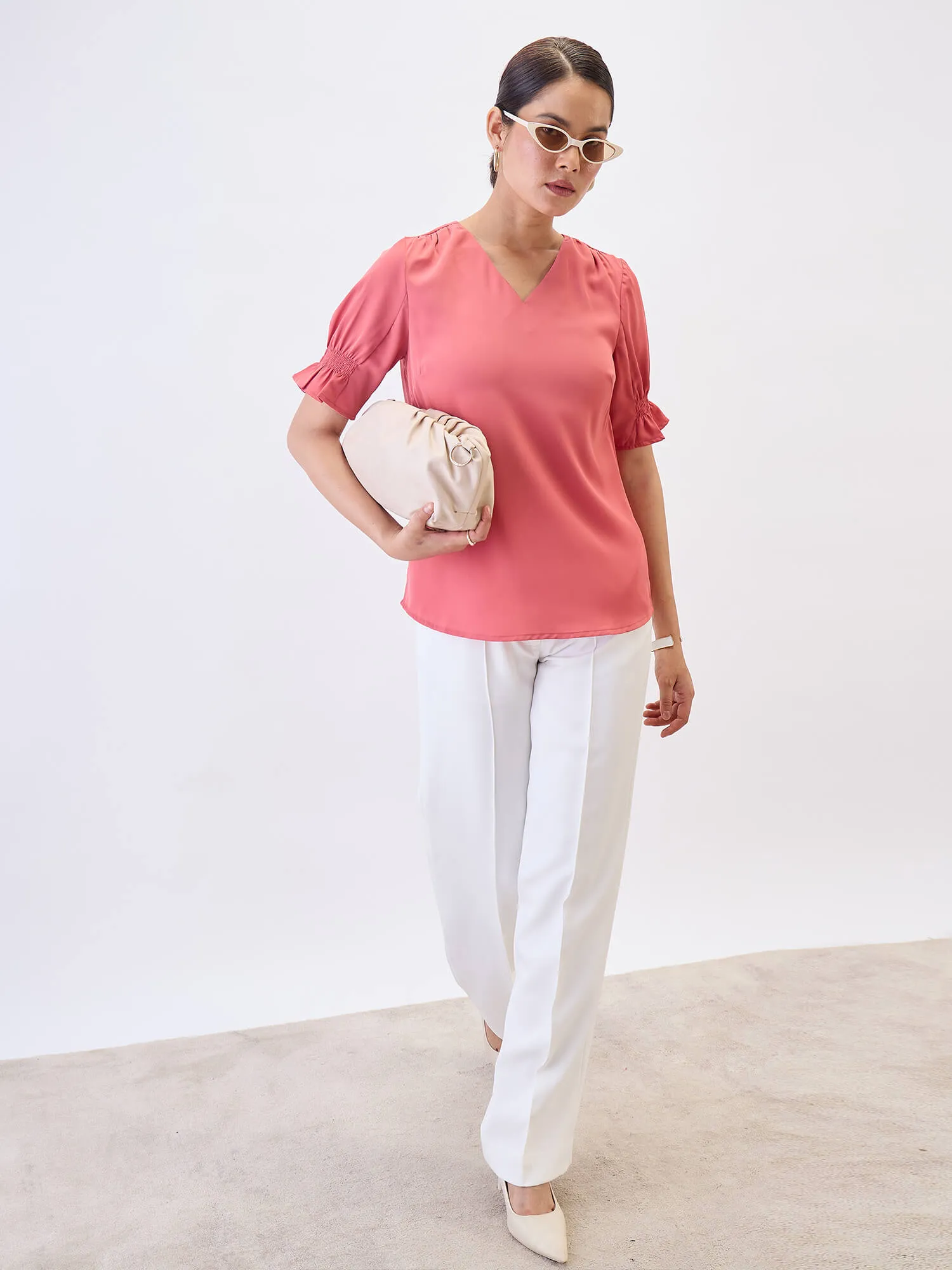 Peachin Mimosa Smocked Sleeves Top-Coral sold by Salt Attire product image thumbnail 2