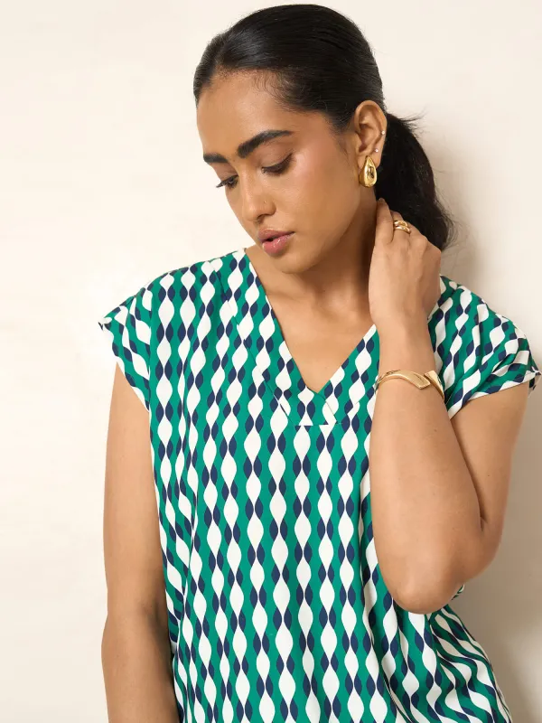 Passionate V - Neck Drop Shoulder Top-Green&Blue sold by Salt Attire