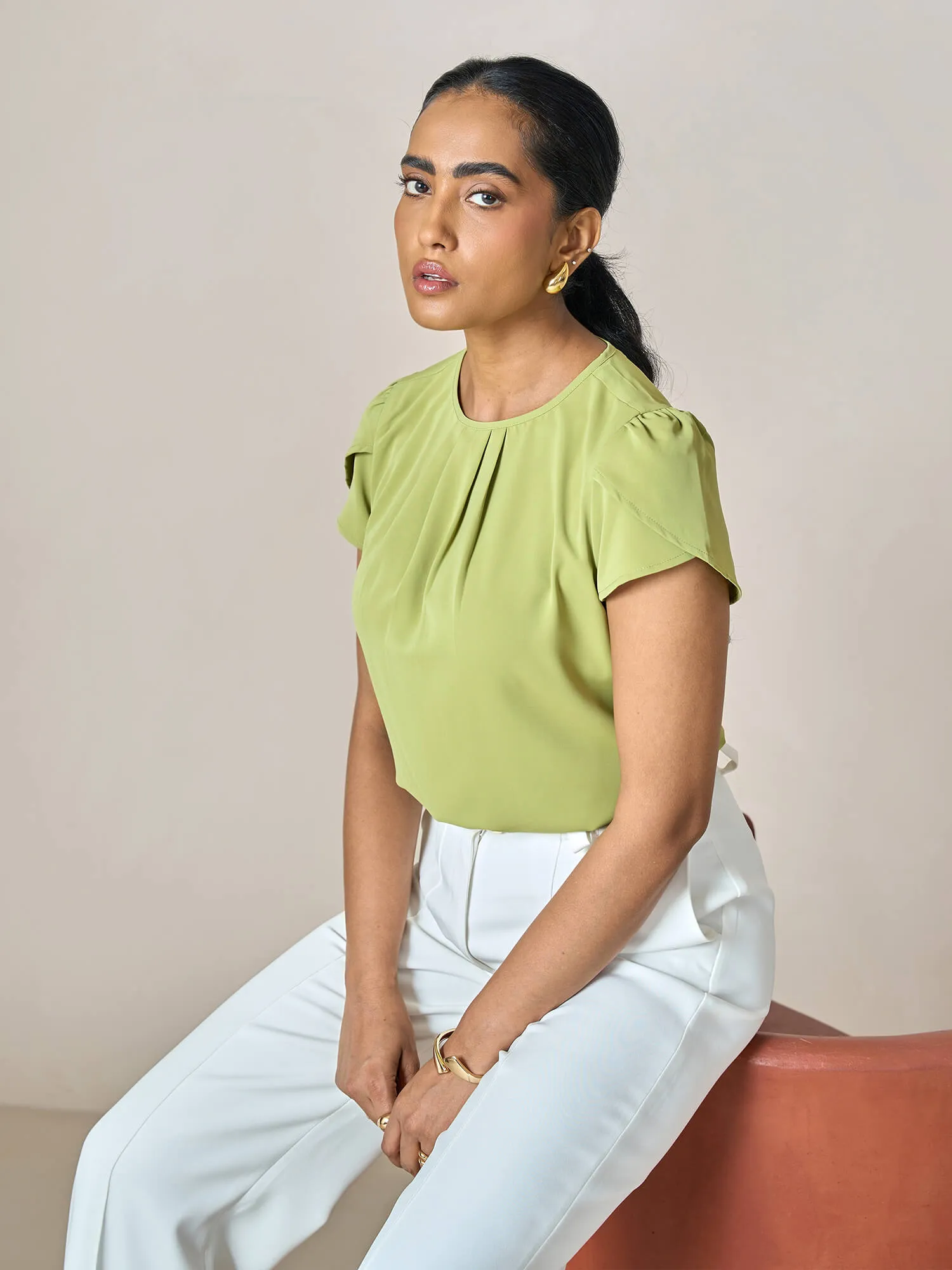 Tazia Front Pleat detail top-Green sold by Salt Attire