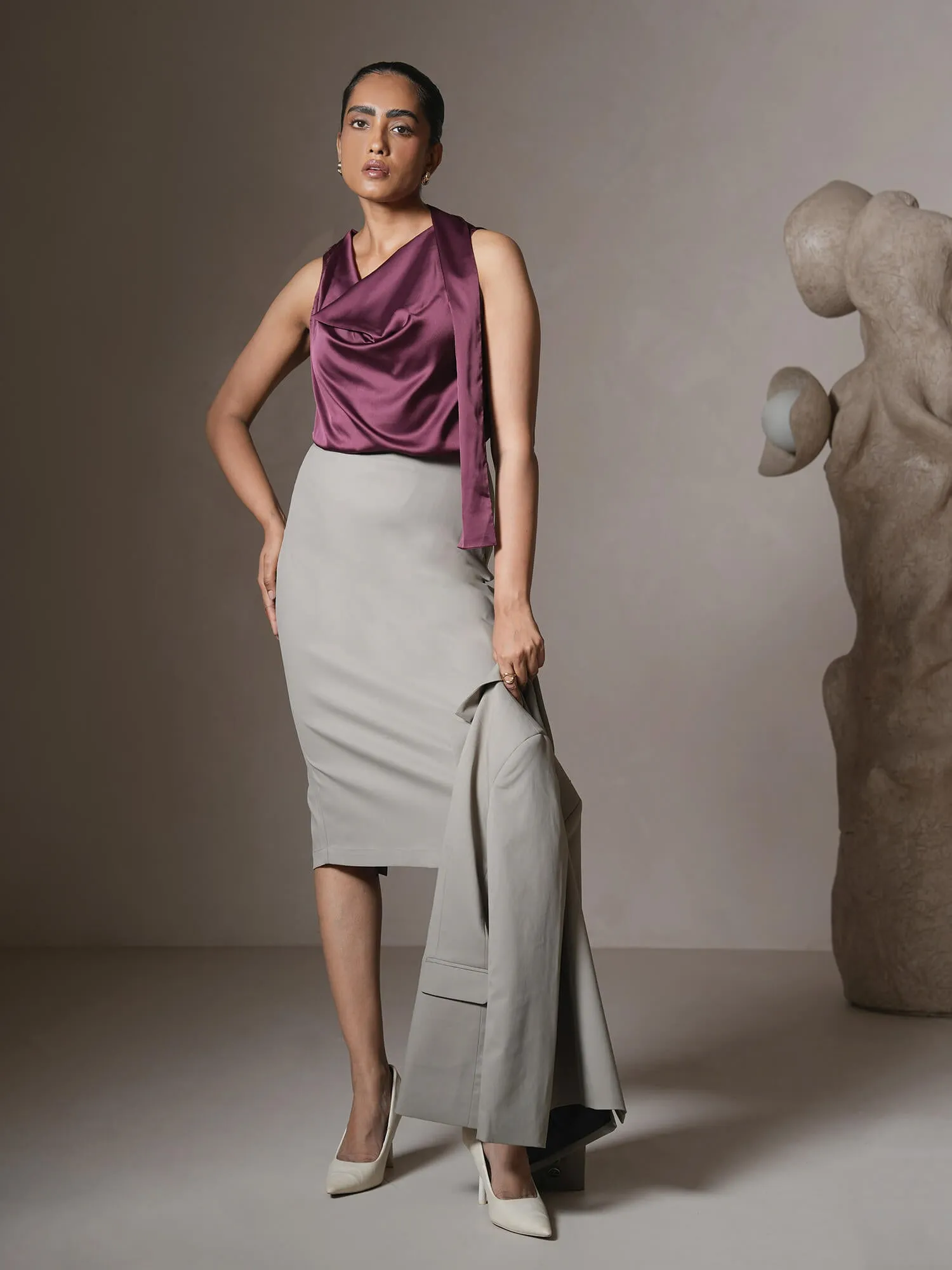 Kinsey Midi Length Pencil Skirt-Grey sold by Salt Attire