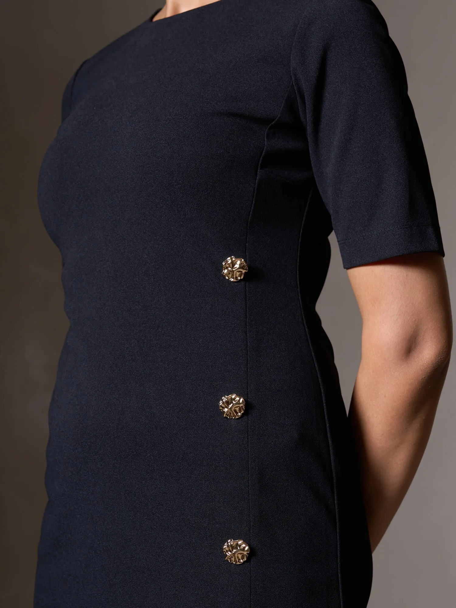 Claudia Metallic Button Detail Shift Dress-Black sold by Salt Attire product image thumbnail 3