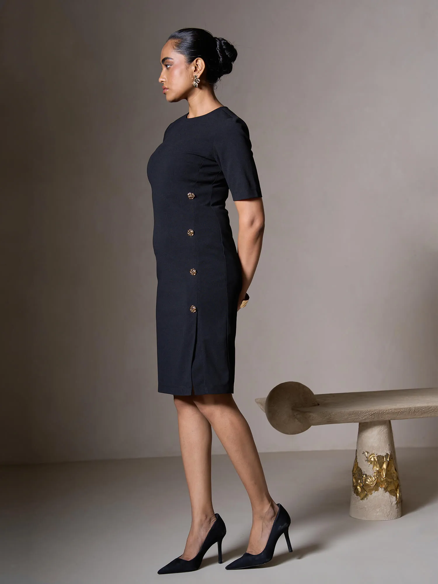 Claudia Metallic Button Detail Shift Dress-Black sold by Salt Attire product image thumbnail 5