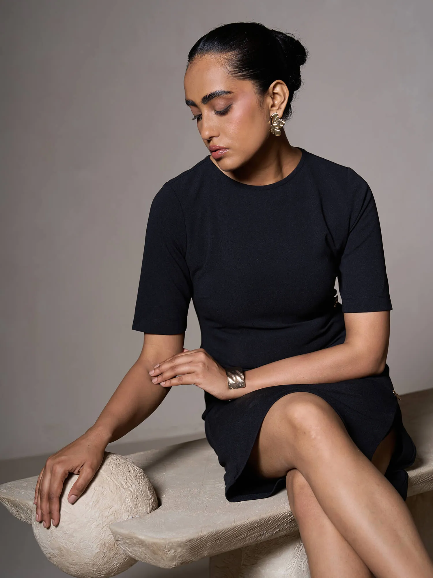 Claudia Metallic Button Detail Shift Dress-Black sold by Salt Attire product image thumbnail 2