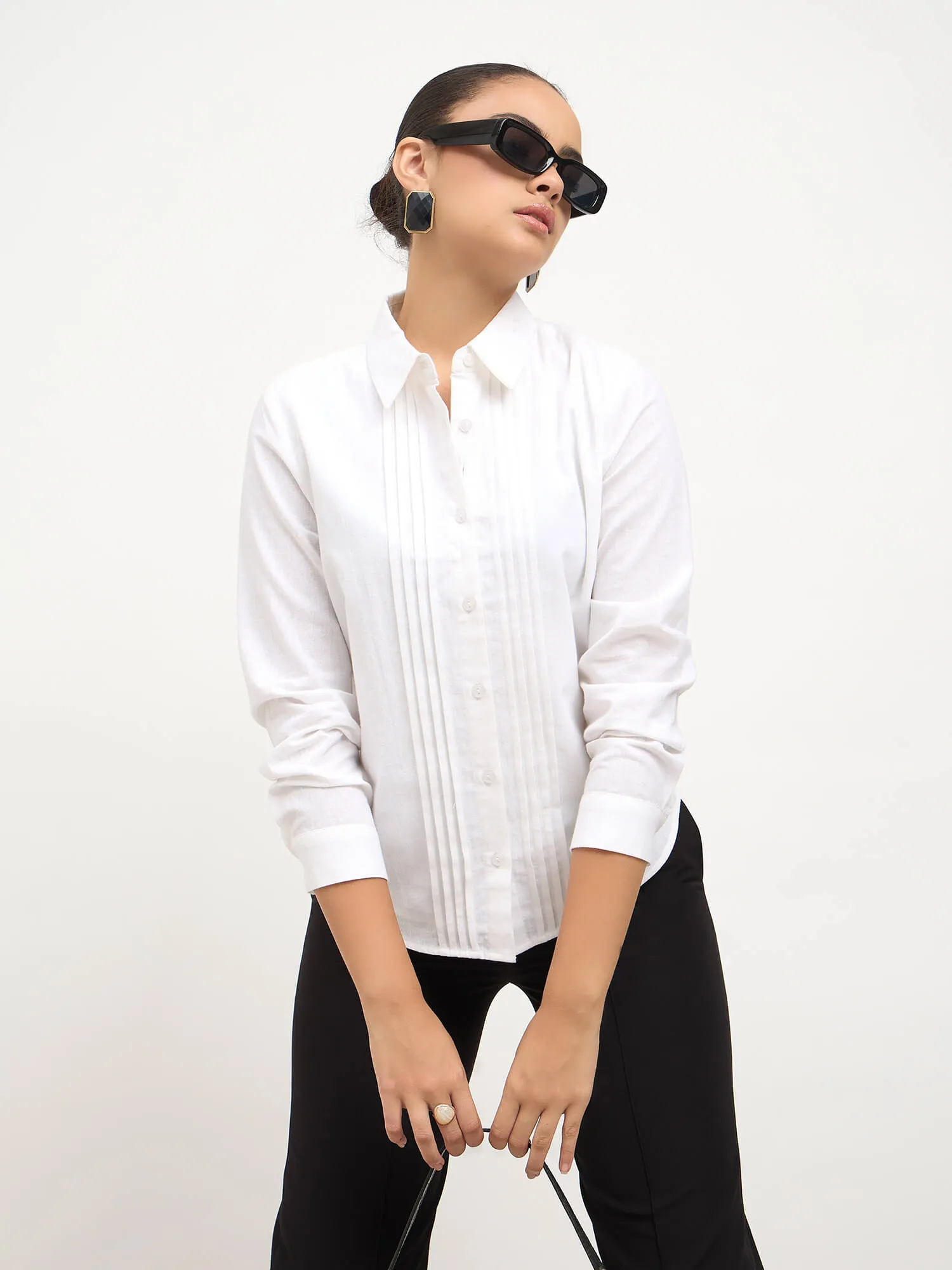 Areum Pintuck Detail Shirt-White sold by Salt Attire