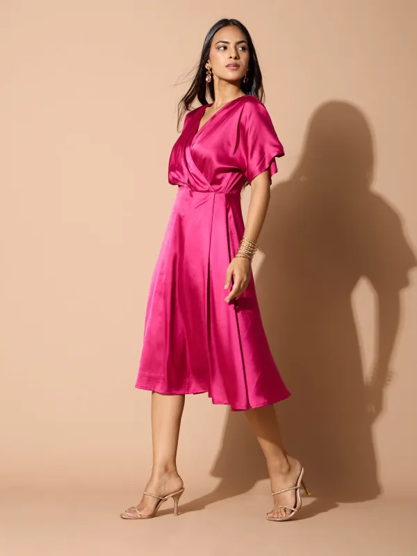 Seriva Faux Wrap Midi Dress-Hot Pink sold by Salt Attire