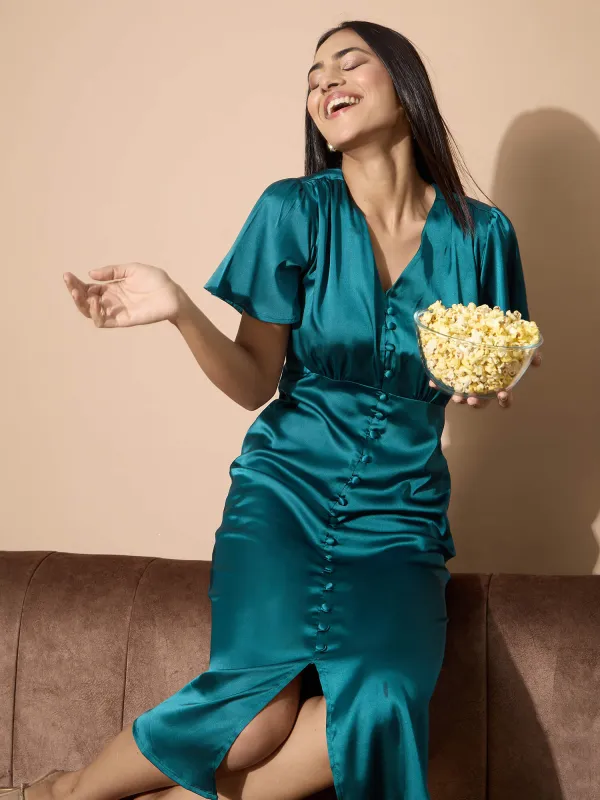 Milux Petal Sleeves Midi Dress-Teal sold by Salt Attire